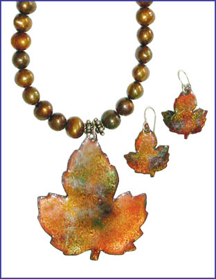 Enameled leaf and earring set